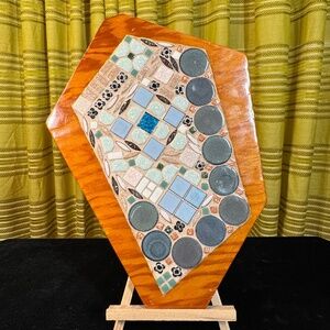 Vintage 70s mosaic art on wood, asymmetrical, large wall decor